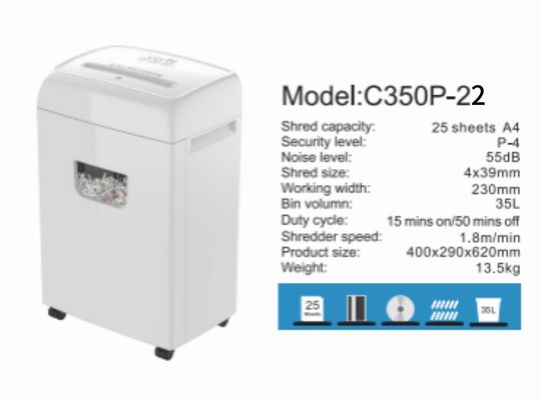 ผลิตภัณฑ์ใหม่ ถังขยะขนาดใหญ่สำหรับงานหนัก 35 ลิตร เครื่องทำลายเอกสาร 22 แผ่น แบบตัดขวาง สำหรับสำนักงานและใช้ในบ้าน C350P-22